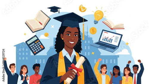 African american female graduate in cap and gown holding diploma surrounded by diverse group of people celebrating education and learning with books calculator laptop