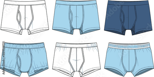 Set of men's boxer briefs technical fashion sketches in blue and white colors apparel design vector illustration template