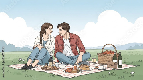 Young couple enjoying romantic picnic in green field with food and drinks on blanket under sunny sky with outdoor and young adult and leisure