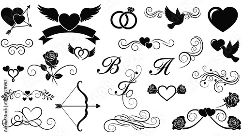 Beautiful collection of black and white wedding and love icons