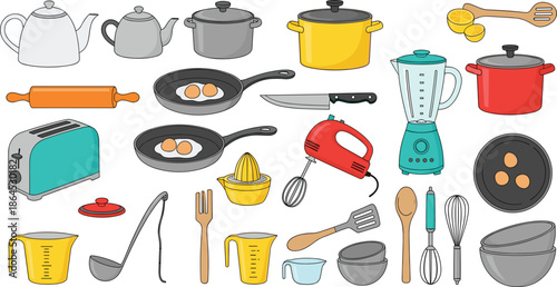 Colorful hand drawn vector collection of kitchen appliances and cookware including pots pans blender toaster mixer and measuring cups
