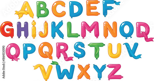 Colorful balloon alphabet letters, A to Z, playful cartoon style, educational design, shiny inflated look, kids learning, festive decoration, vibrant, fun, cheerful, isolated, uppercase, glossy