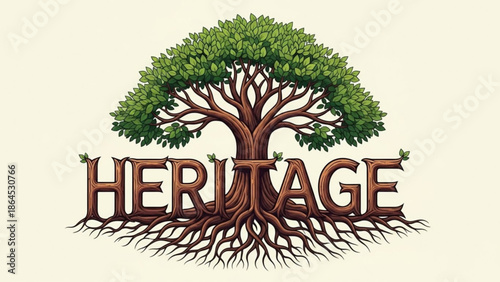 A tree with roots and leaves forming the word heritage in a symbolic illustration with nature and environment and growth and tradition and culture