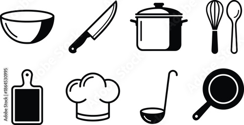 Collection of kitchen and cooking icons including bowl knife pot whisk spoon cutting board chef hat ladle and frying pan in clean bold style