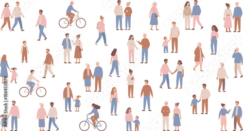 Flat illustration of diverse people walking, talking, cycling, and interacting outdoors, representing families, couples, seniors, children, and everyday community life