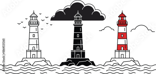 Illustration of three coastal lighthouses on rocky shores with waves, birds, clouds, and red accent stripes, representing maritime navigation landscapes