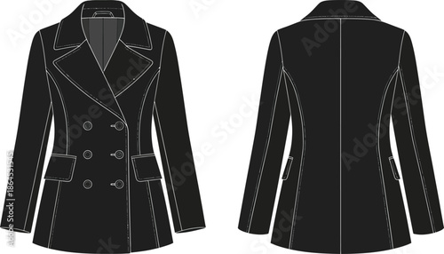 Technical fashion illustration of a black double breasted coat front and back views displayed