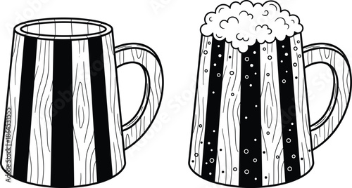 Illustration of wooden beer mugs including empty and foam-filled versions featuring rustic wood texture traditional drinking stein design and hand-drawn style details