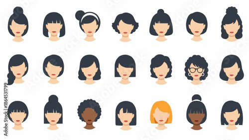 Diverse Collection of Female Avatar Faces with Various Hairstyles.
