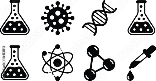 A clean vector illustration showing a chemistry icon set with laboratory glassware and scientific symbols arranged in a simple modern design