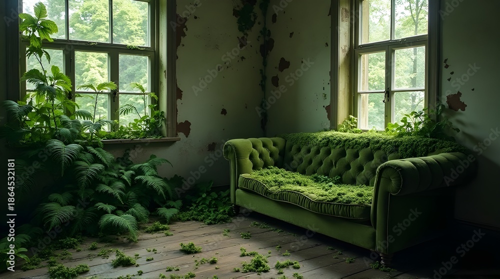Fototapeta premium Abandoned room with green couch and plants growing through it