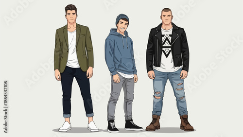Three Stylish Men in Casual Outfits - A Fashion Illustration.