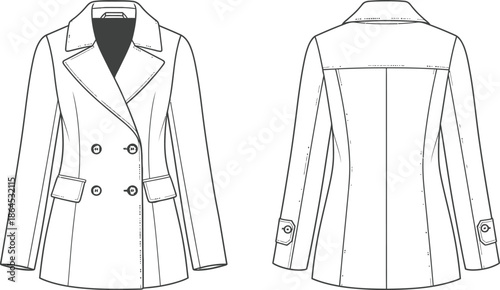 Technical flat sketch illustration of a women s double breasted trench coat design front and back views