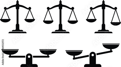 Silhouettes of balance scales in different styles representing justice, law, fairness, equality, weight measurement, comparison, decision-making, and legal symbolism