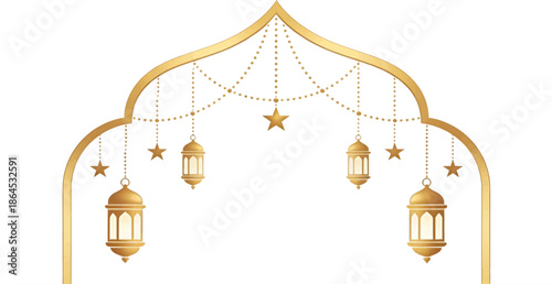 Golden Islamic Arch Frame with Hanging Lanterns and Stars