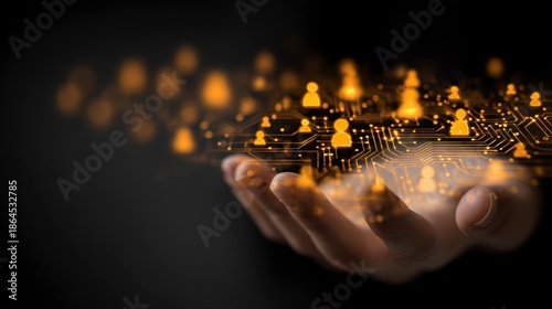 A hand reaching out holds a glowing digital representation of connected individuals, like a circuit board. It's on a dark background