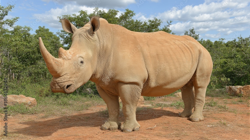 Fototapeta premium Large rhinoceros stands solidly on reddish earth under a bright sky with scattered clouds