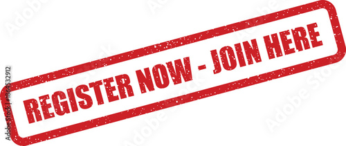 A distressed red stamp displaying REGISTER NOW JOIN HERE to guide users to specific enrollment areas