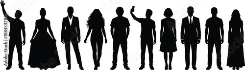 Silhouettes of diverse men and women standing in various poses representing fashion, business, casual lifestyle, formal attire, and modern human figures.