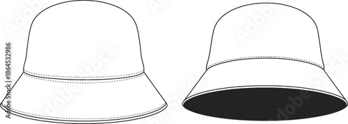 Simple black and white illustration depicting two bucket hats in different views and styles