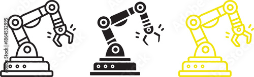 Black vector icon of an industrial robotic arm for automation and assembly processes.
