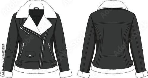 Technical fashion illustration of a black leather jacket with white shearling detailing front and back views