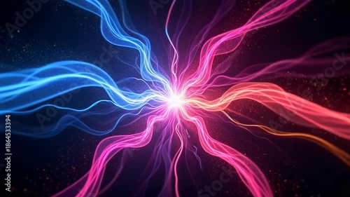 Vibrant neon light trails radiate from glowing core in space