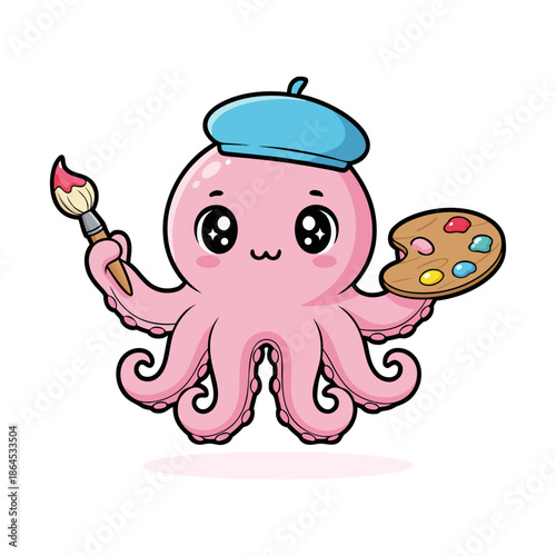 Cute pink octopus cartoon artist with beret paintbrush and paint palette on white