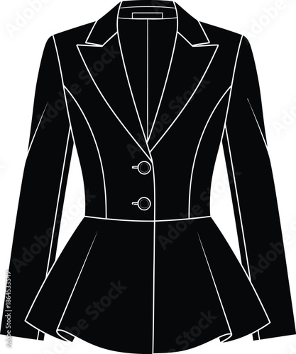 A fashion illustration depicting a sleek black single breasted women s blazer with a fitted waist