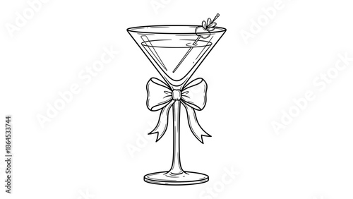 Elegant Martini Glass Line Art with Ribbon