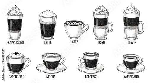 Hand-Drawn Coffee Drink Guide – Latte, Irish Coffee & Espresso Styles