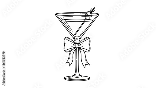 Elegant Martini Glass Line Art with Ribbon