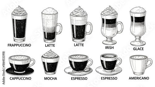 Hand-Drawn Coffee Drink Guide – Latte, Irish Coffee & Espresso Styles
