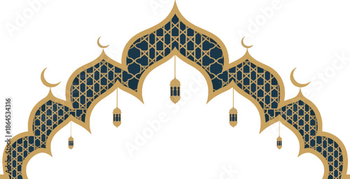 Elegant Islamic Arch Frame with Gold Border and Hanging Lanterns