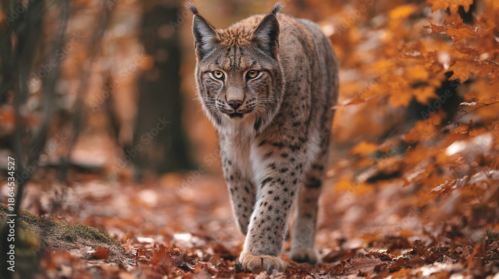 Obraz premium A large Eurasian lynx walks through a forest with orange leaves on the ground and trees
