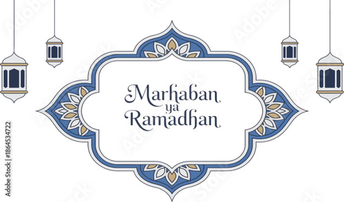 Marhaban Ya Ramadhan Greeting Card with Blue Islamic Patterns and Lanterns