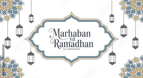 Marhaban Ya Ramadhan Greeting Card with Blue Islamic Patterns and Lanterns