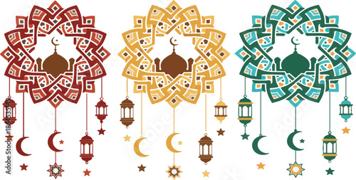 Islamic Mandala Ornament with Hanging Lanterns and Crescent Moon