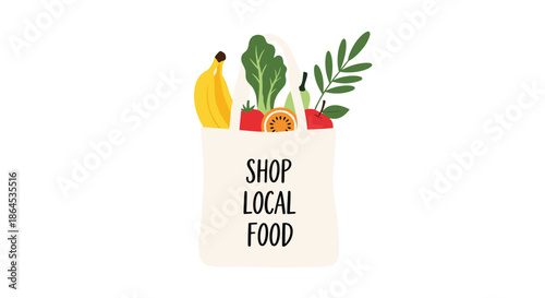 A charming illustration of a reusable tote bag filled with fresh fruits and vegetables, promoting the 'Shop Local Food' message.
