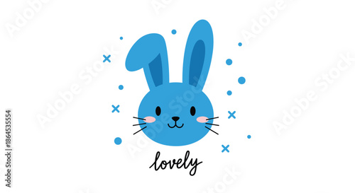 An adorable illustration of a cute blue bunny face with the handwritten word 'lovely' below, perfect for nursery decorations.
