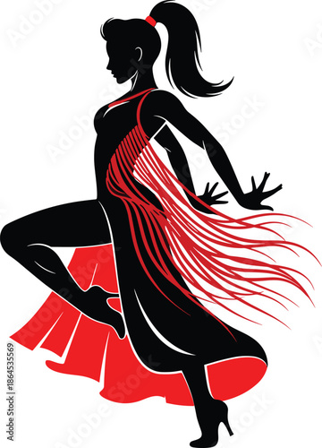 Passionate flamenco dancer silhouette vector illustration showing dramatic Spanish dance movement with flowing red dress isolated on white background