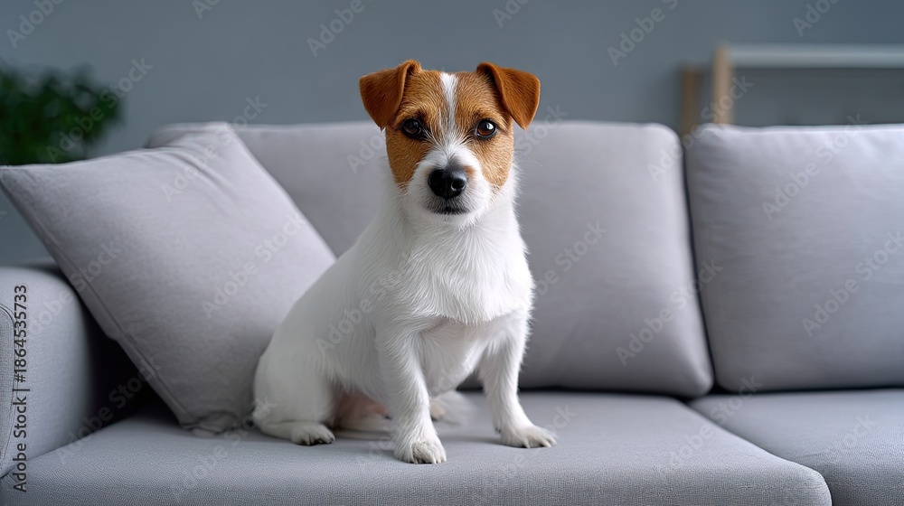 custom made wallpaper toronto digitalPlayful Jack Russell Terrier Sitting on a Gray Couch in a Modern Living Room, Perfect for Pet Lovers and Interior Design Inspiration