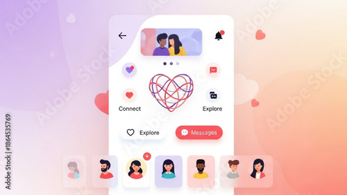 Dating app interface with heart symbol and diverse user profiles on a colorful background for love and connection concept with relationship and technology