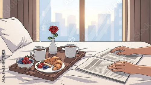 Romantic breakfast in bed with city view, two cups of coffee, croissant, strawberries and blueberries, and a red rose in a vase on a wooden tray, with a person reading