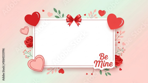 Valentine's day frame with hearts, roses, and 'be mine' message on pastel background for love and greeting card design with valentine s day and romance