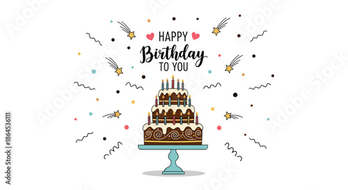 A festive 'Happy Birthday to you' greeting card design with a large three-tiered chocolate cake and celebratory doodles.