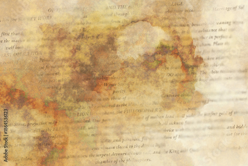 Old stained alchemy manuscript abstract background with fictitious text.