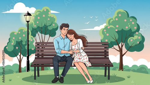 Loving couple sitting on park bench, man embracing woman, romantic outdoor scene with trees and street lamp, serene atmosphere, beautiful landscape