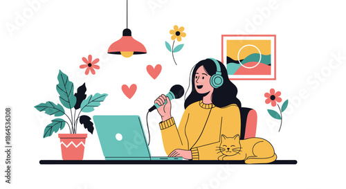 An illustration of a woman recording a podcast or streaming, wearing headphones with a microphone, laptop, cat, and houseplants.