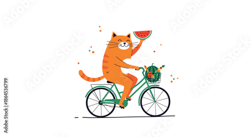 A funny cartoon ginger cat enjoying summer, riding a green bicycle and holding a slice of watermelon in its paw vector.